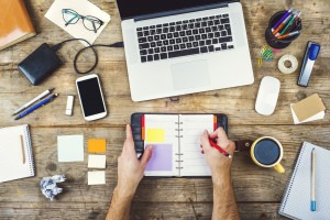 Desktop mix on a wooden office table